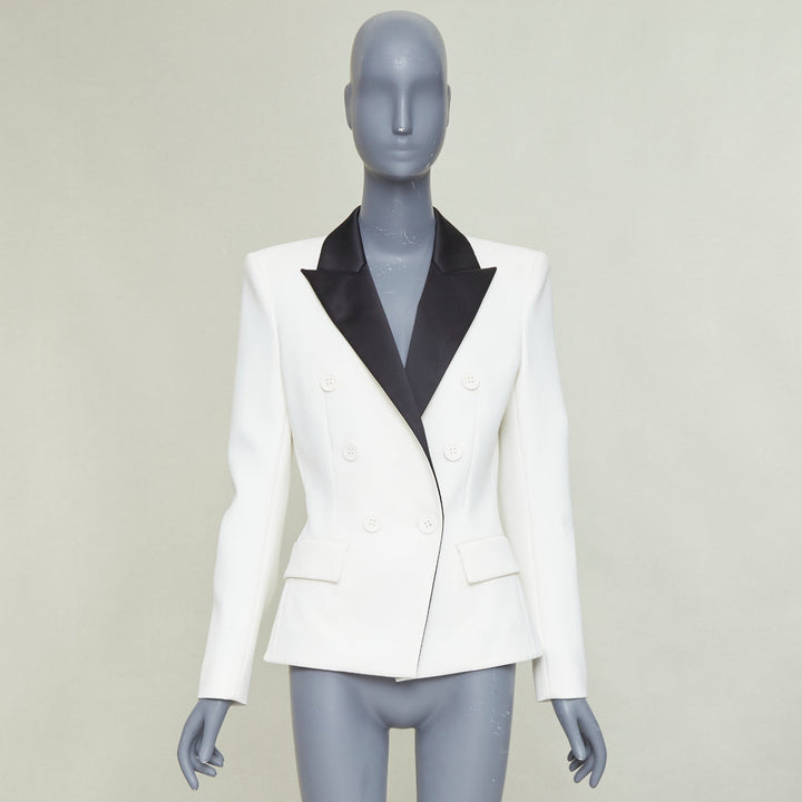 ALEXANDRE VAUTHIER off white black satin lapel double breasted tuxedo jacket