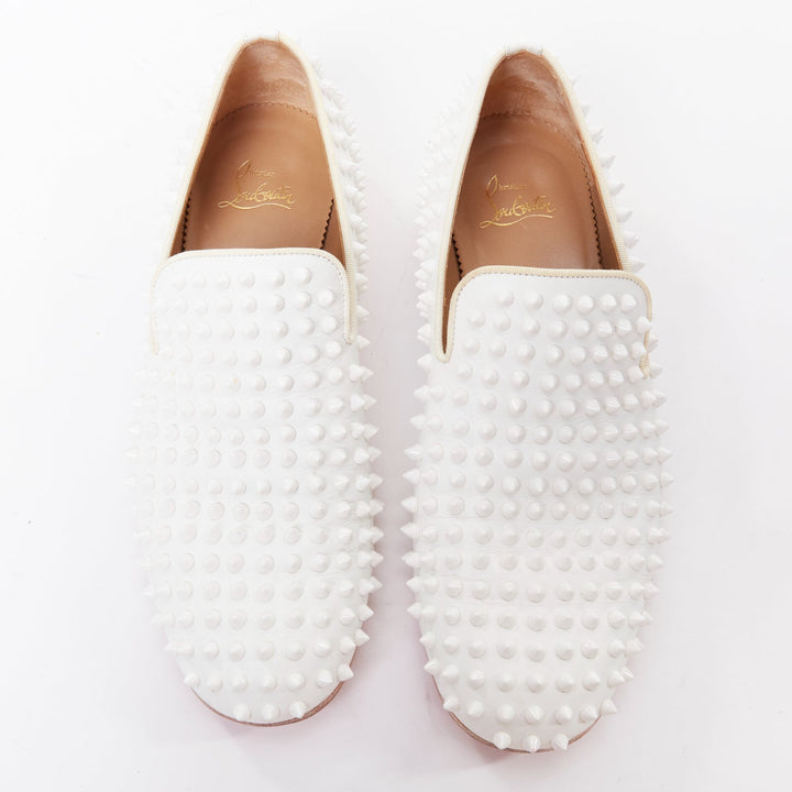 CHRISTIAN LOUBOUTIN Dandelion white leather spike stud loafer shoes EU40.5