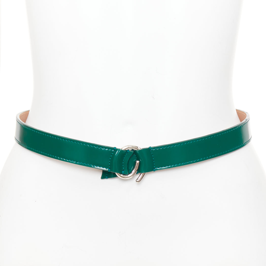 ALAIA green glossy leather silver swirl loop hook buckle skinny belt 75cm