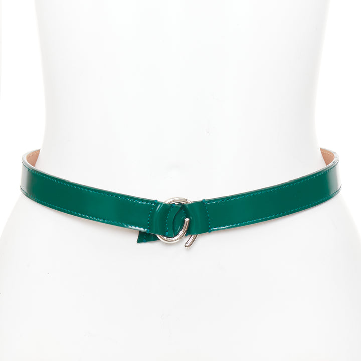 ALAIA green glossy leather silver swirl loop hook buckle skinny belt 75cm