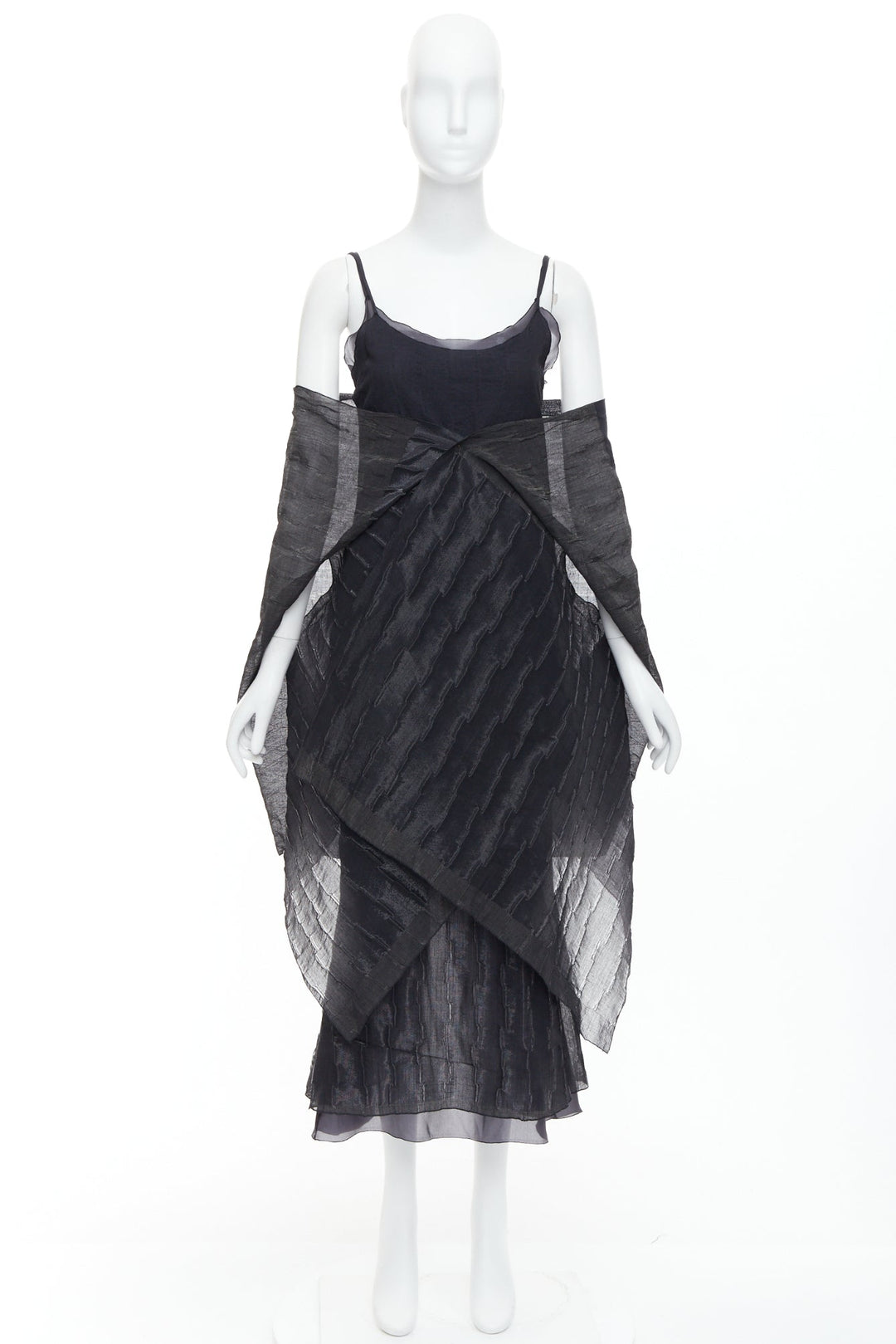 rare ROMEO GIGLI Vintage black wool blend crinkled dress sheer shawl IT42 M