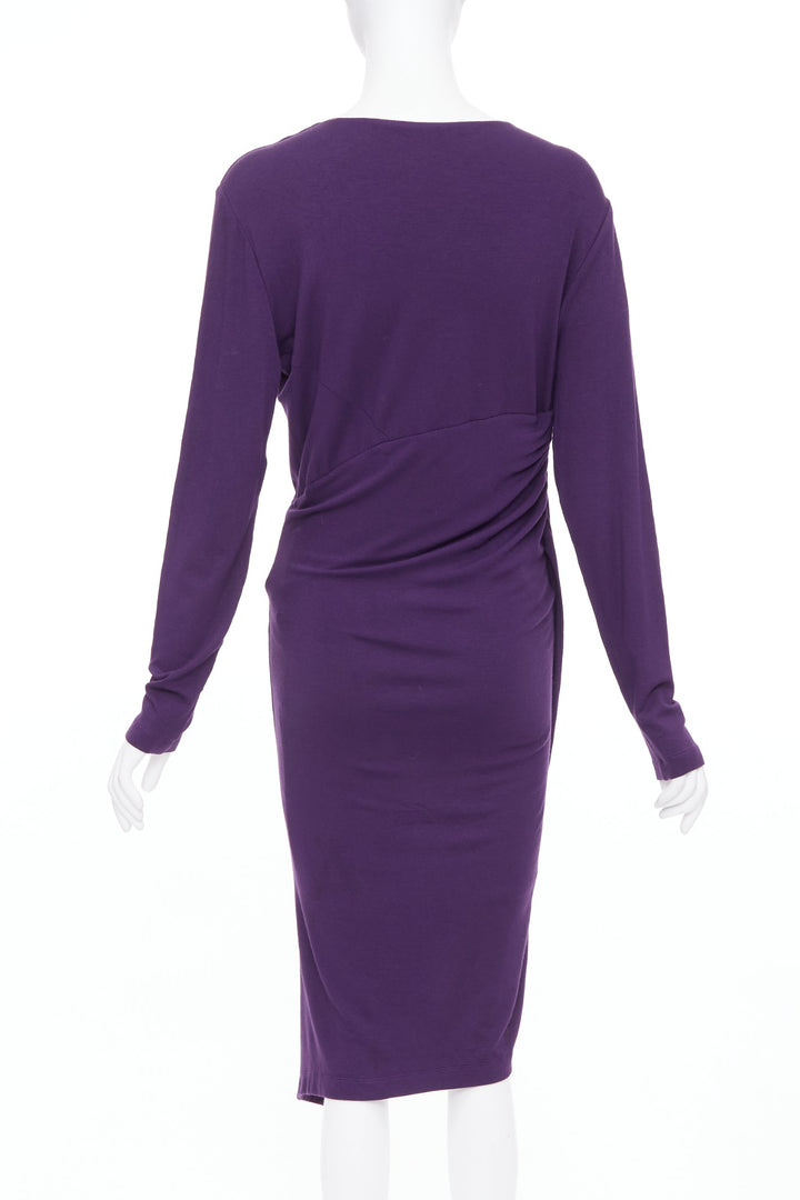 DONNA KARAN Surplice Neck Wrap purple jersey V neck drape dress L