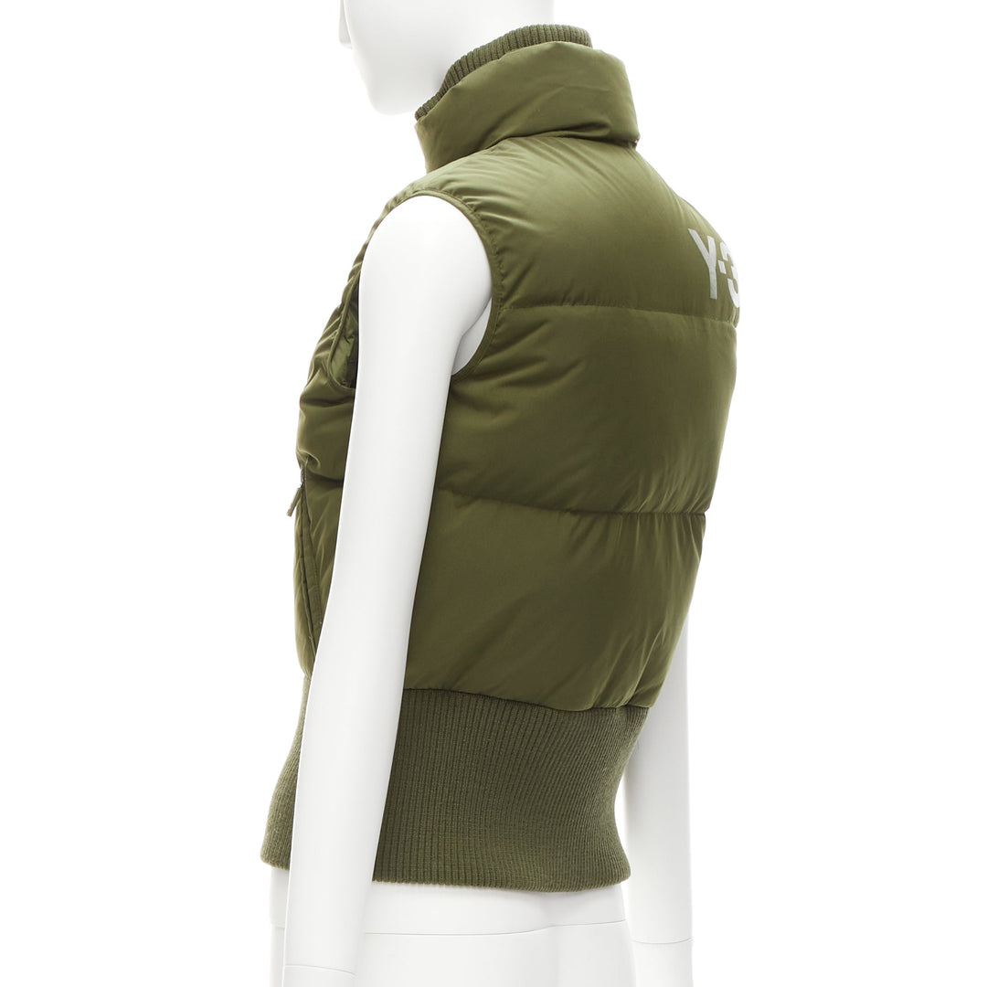 Y3 YOHJI YAMAMOTO green nylon logo high neck cropped zip puffer vest XS