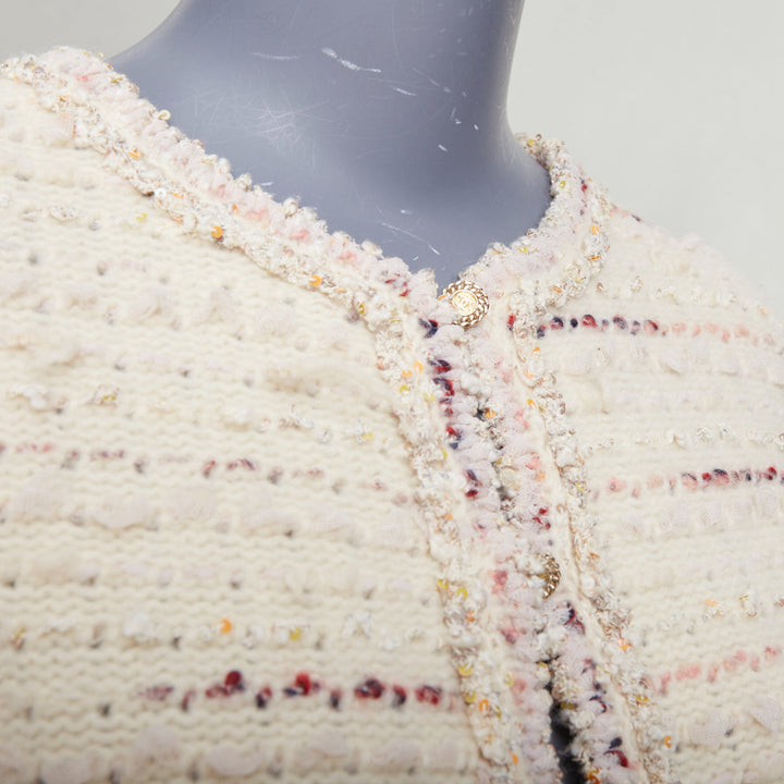CHANEL 05A cream pink wool boucle tweed gold CC buttons cardigan FR38 M