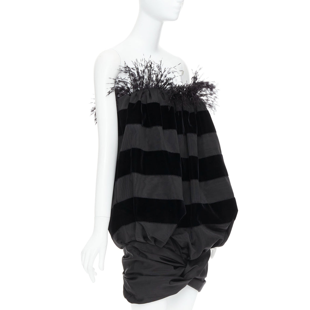 rare SAINT LAURENT 2021 Runway black feather velvet striped Le Pouf dress FR36 S