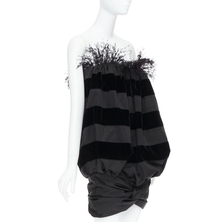 rare SAINT LAURENT 2021 Runway black feather velvet striped Le Pouf dress FR36 S