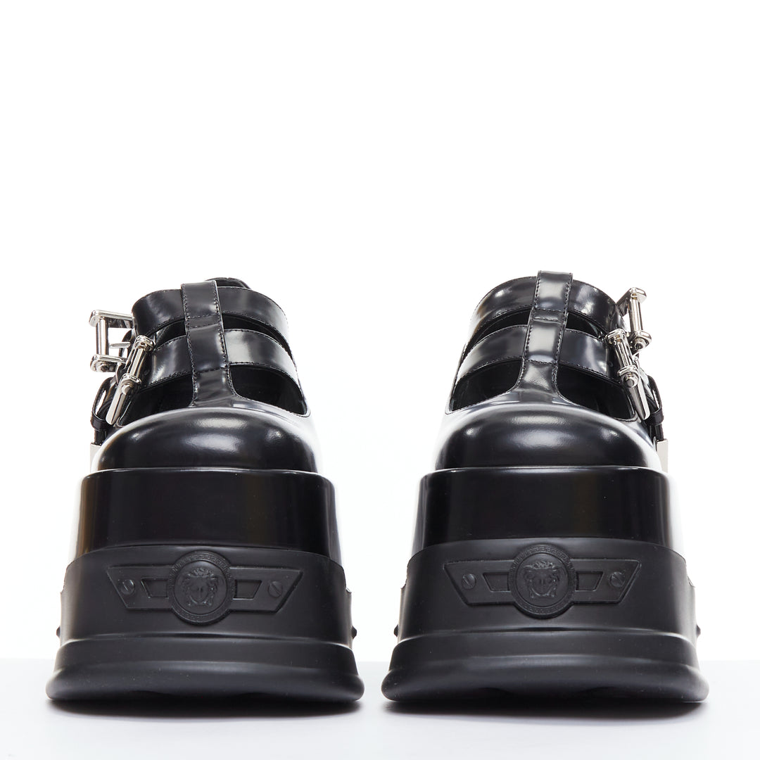 VERSACE Anthem Maryjane black calf leather double buckle platform brogue EU37