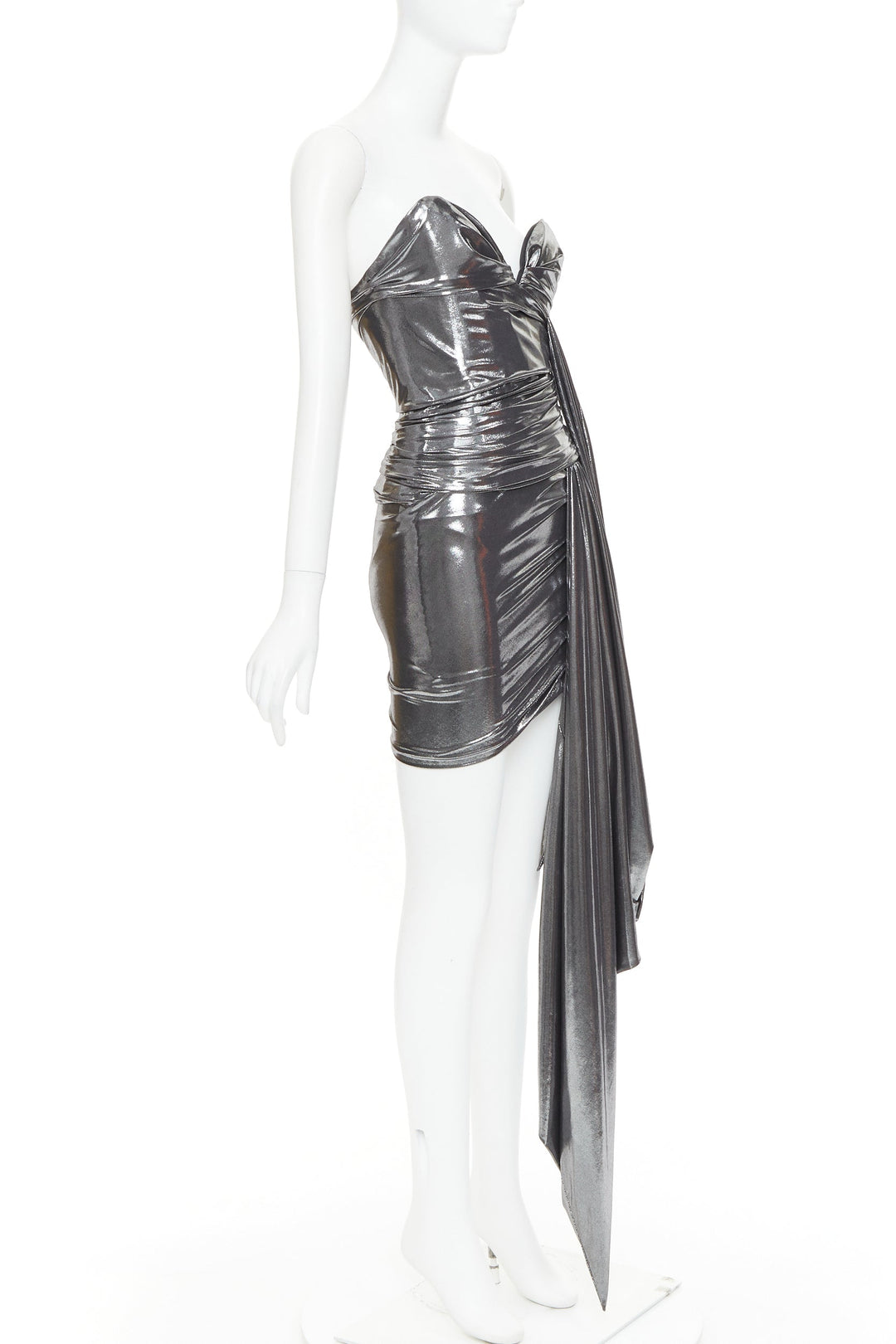 ALEXANDRE VAUTHIER AW2023 Runway silver liquid metal drape asymmetric mini dress