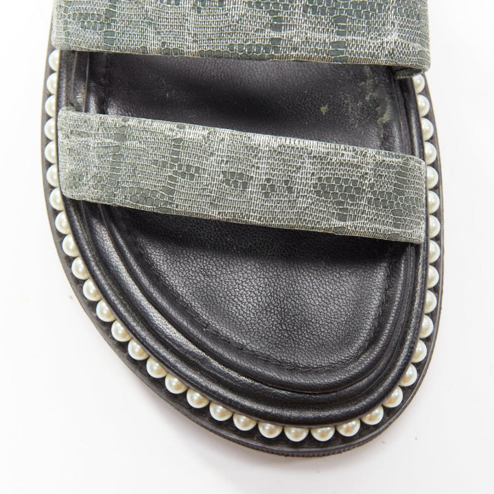CHANEL metallic grey metallic jacquard pearl embellished dad sandals EU38