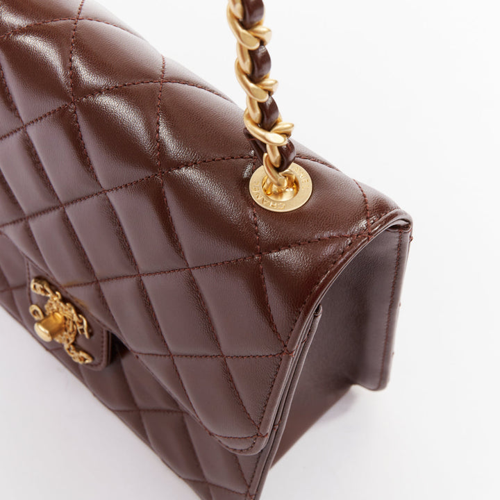 CHANEL 2023 burgundy quilted lambskin ornate CC turnlock seasonal mini flap bag