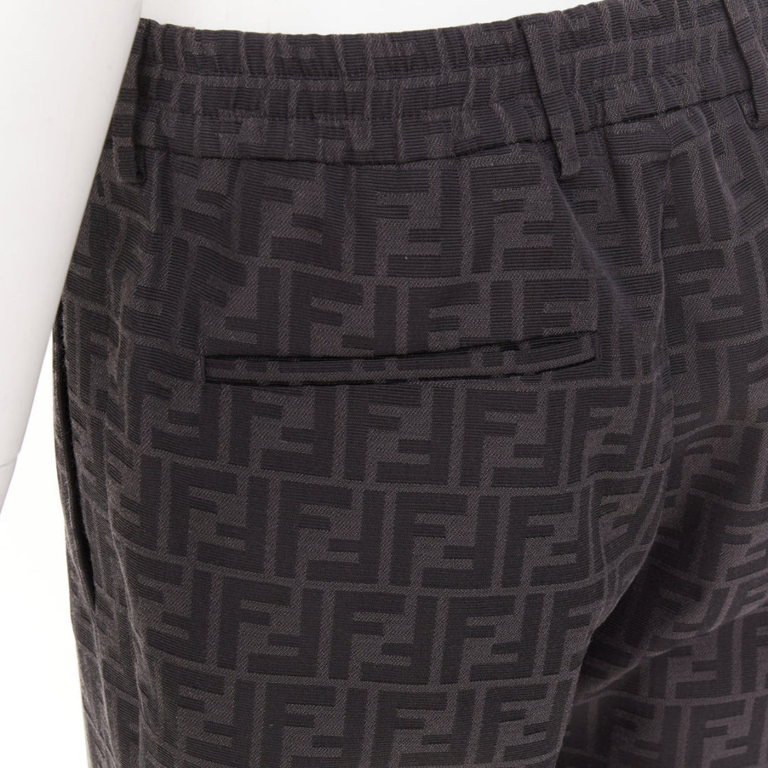 FENDI black FF Zucca monogram jacquard pleat front tapered cropped pants IT48 M