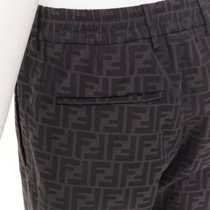 FENDI black FF Zucca monogram jacquard pleat front tapered cropped pants IT48 M