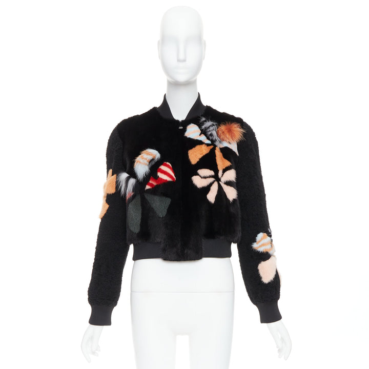 FENDI black floral fur leather lined cropped bomber jacket IT40 S