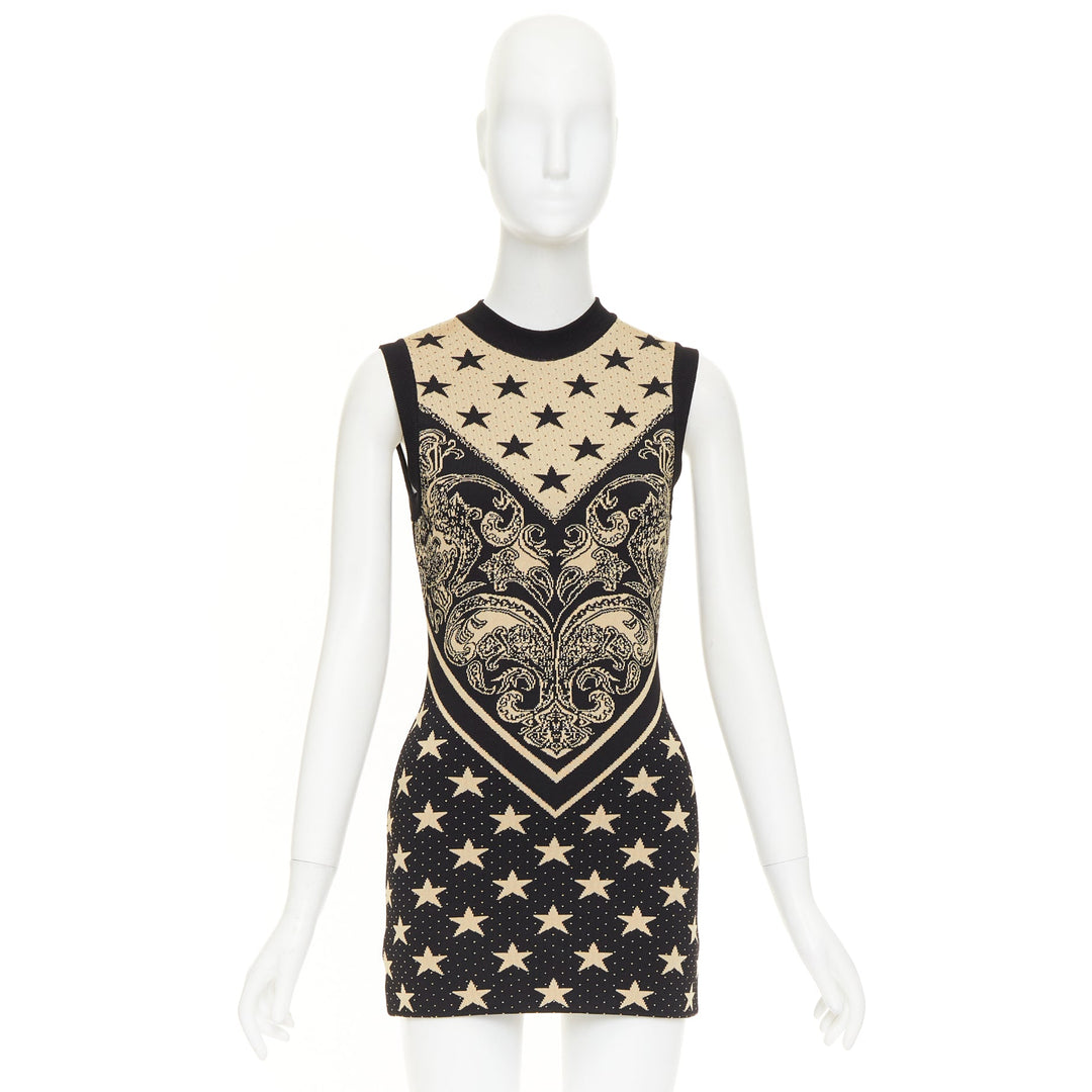 BALMAIN 2023 Ivoire Noir Star Baroque Paisley print intarsia knit dress FR36 S