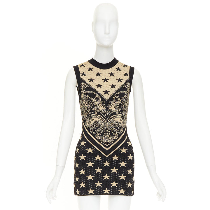 BALMAIN 2023 Ivoire Noir Star Baroque Paisley print intarsia knit dress FR36 S