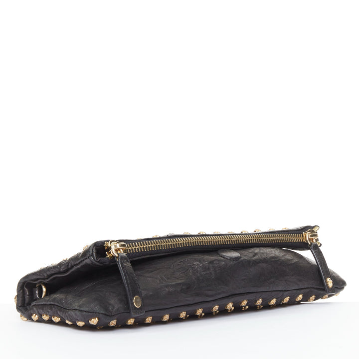 THOMAS WYLDE Day of the Dead Punk black leather gold skull stud  clutch bag