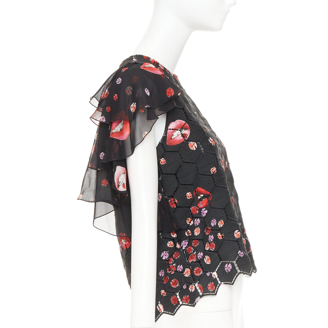 GIAMBA GIAMBATTISTA VALLI black red lady bugs lip embroidered  flutter top IT40