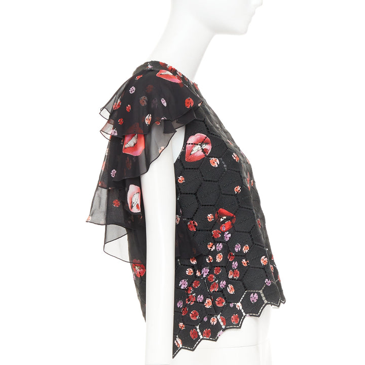 GIAMBA GIAMBATTISTA VALLI black red lady bugs lip embroidered  flutter top IT40
