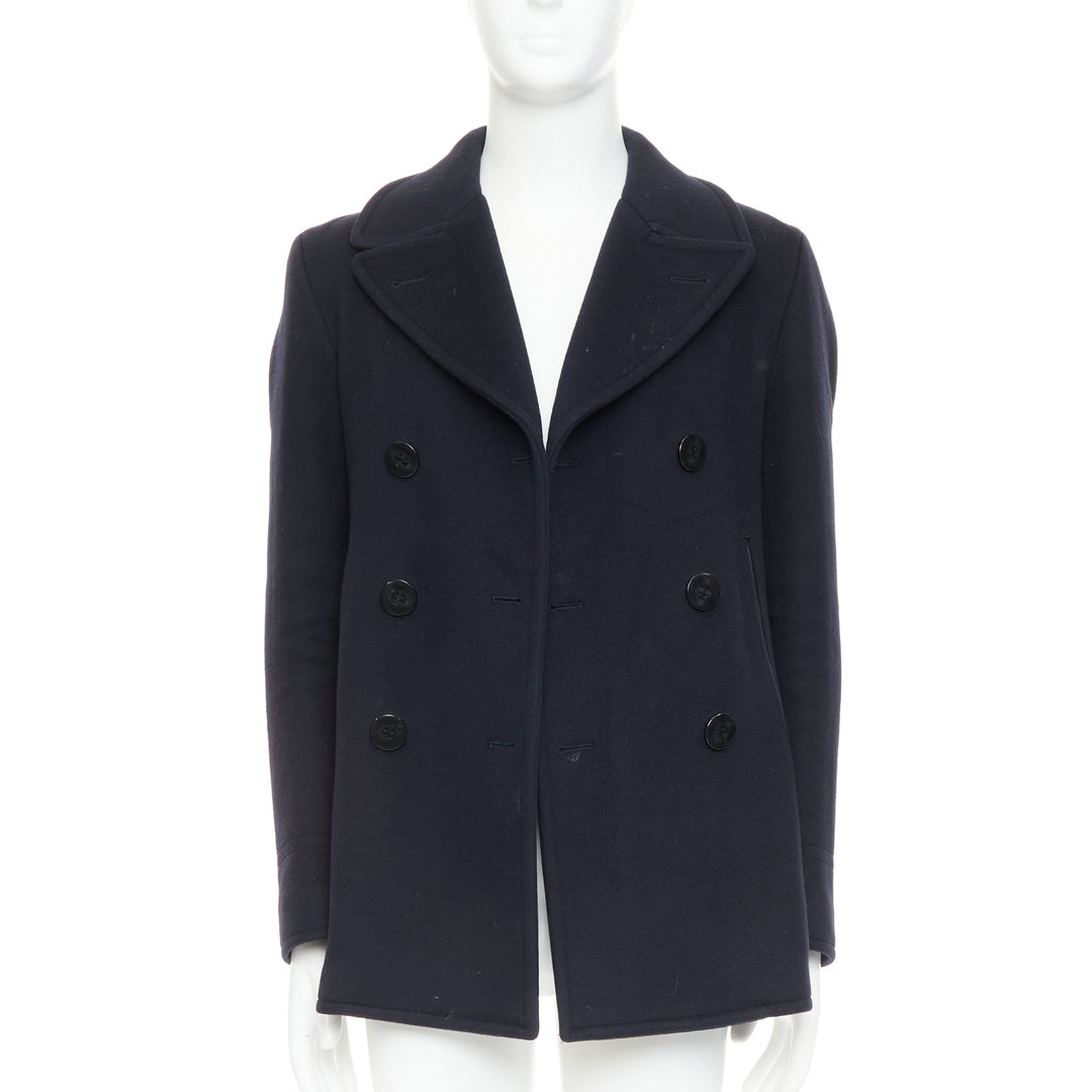 TOM FORD navy 100% wool leather trim double breasted pea coat IT48 M