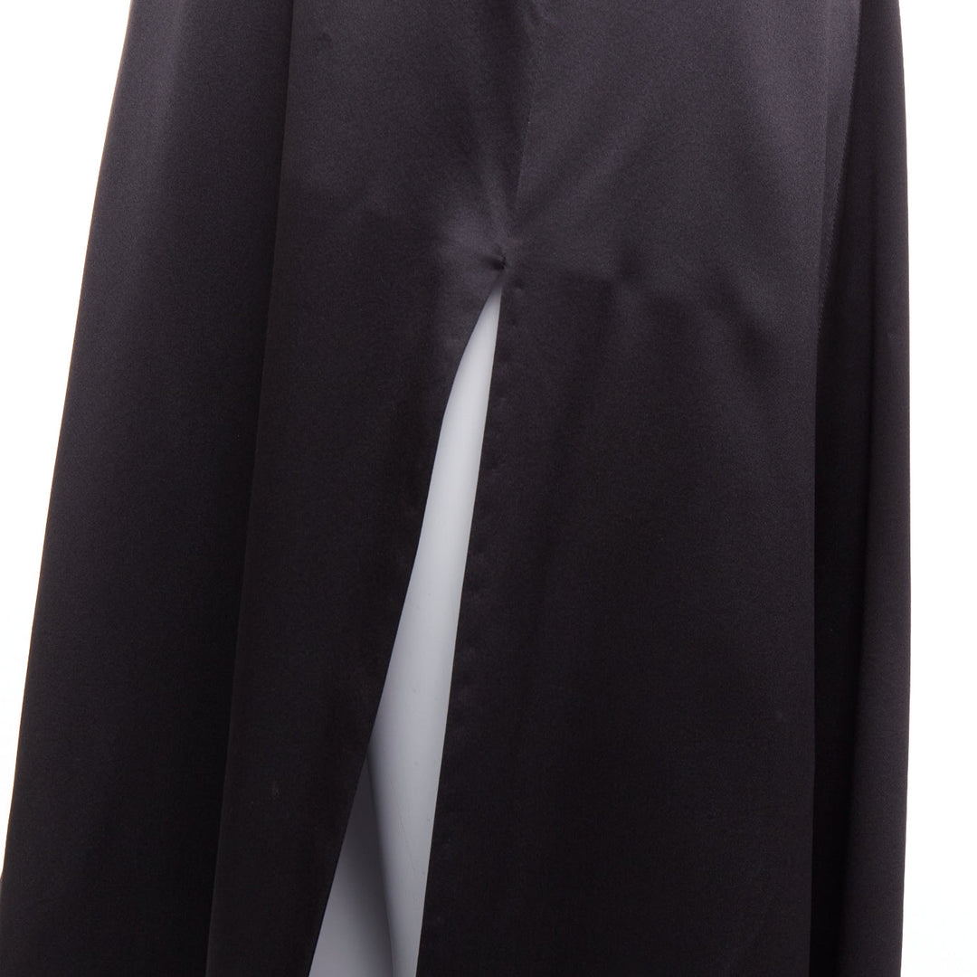 SAINT LAURENT 2022 Runway black silk plunge open back high slit slip gown FR38 M