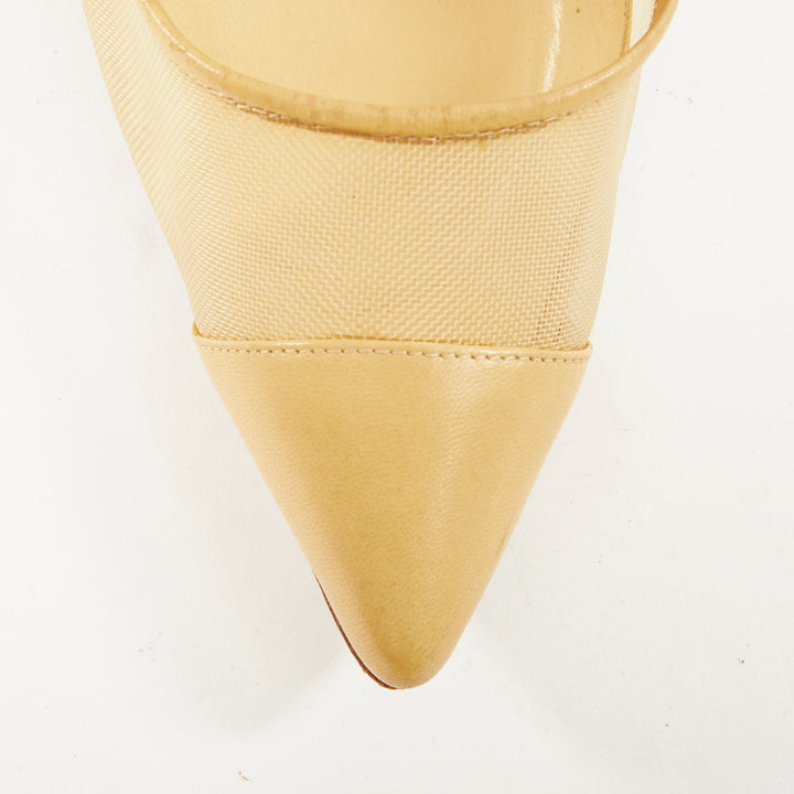 MANOLO BLAHNIK Belta sheer mesh nude beige leather cap toe stiletto pumps EU37.5