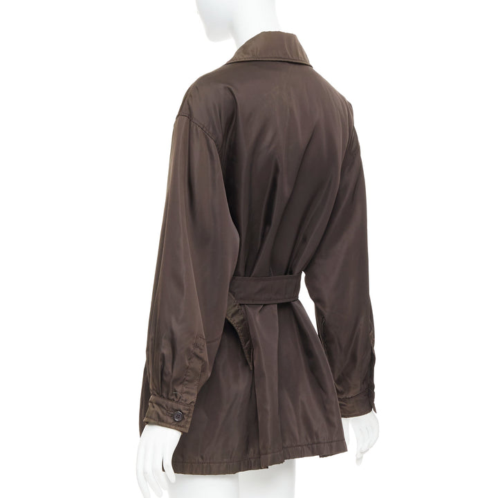 PRADA brown low sheen nylon double breasted short trench coat