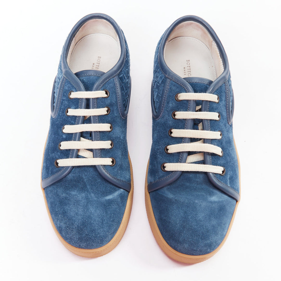 BOTTEGA VENETA blue suede intrecciato woven lace up sneakers EU39.5