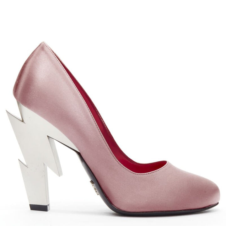 PRADA Lightning Bolt pink silk satin silver metal heel pump EU38.5