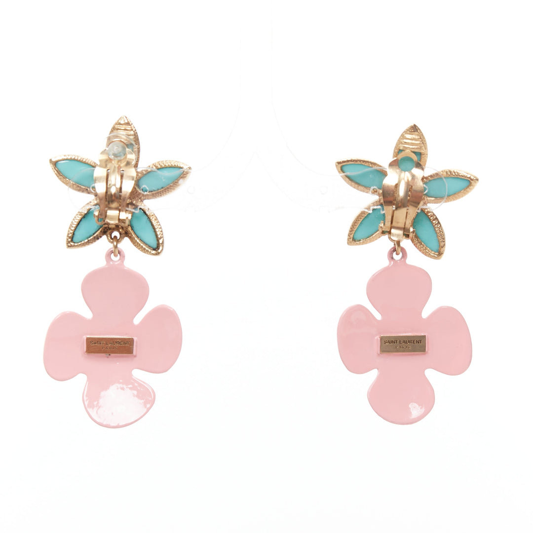 SAINT LAURENT 2021 Runway turquoise stone pink daisy enamel clip earrings Pair