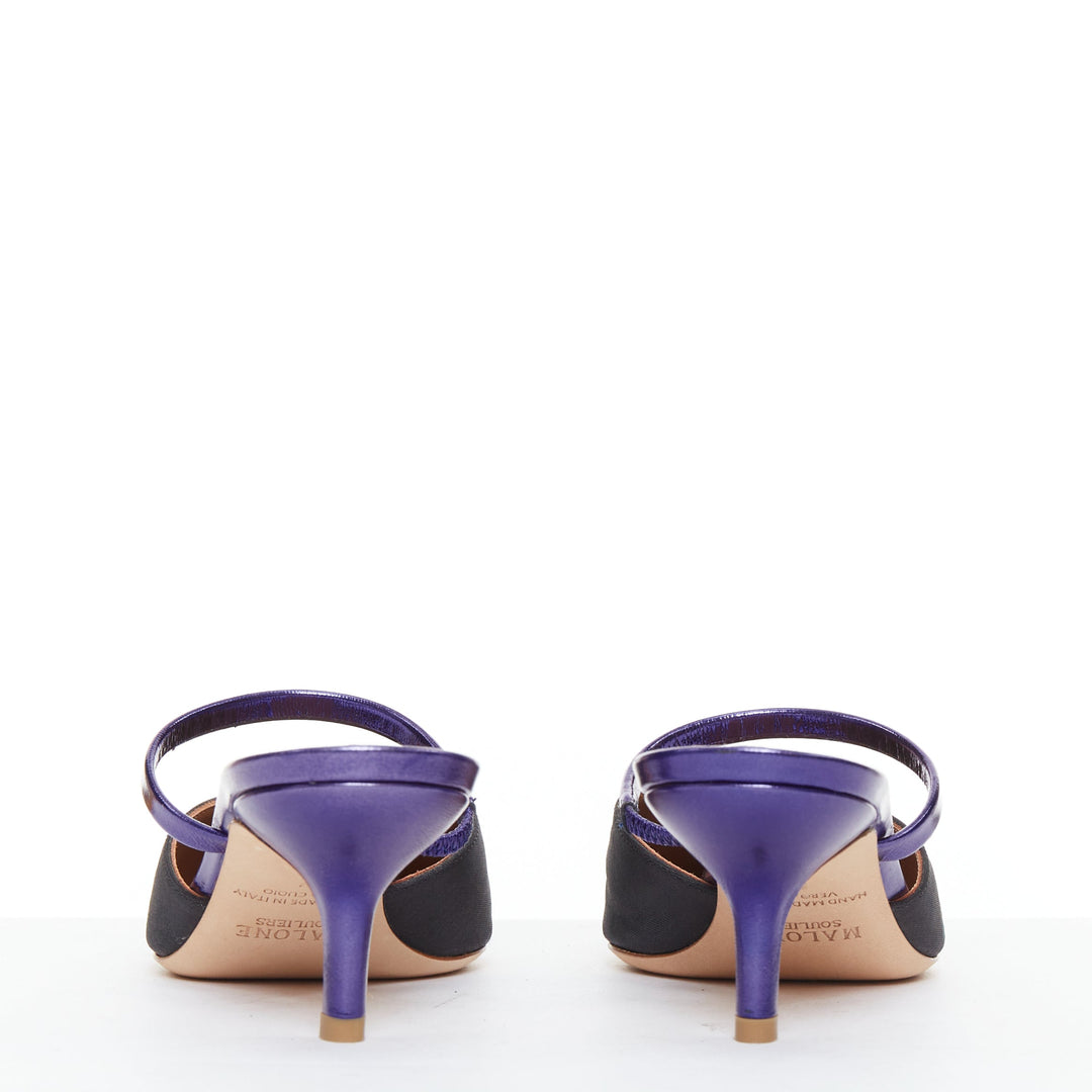 MALONE SOULIERS Marla Hey Lover blue black brocade satin strapped mules EU37