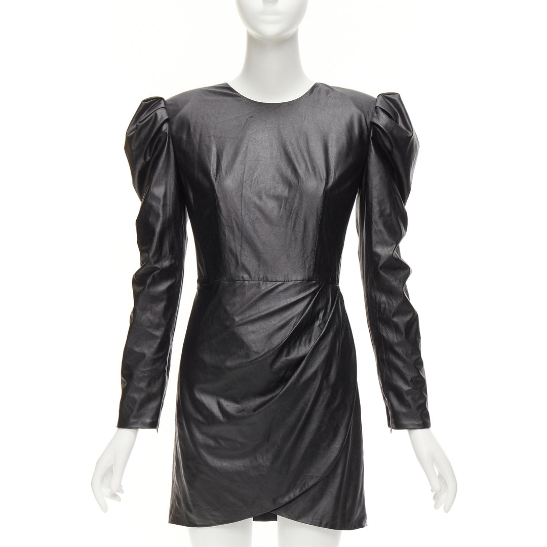 BRONX & BANCO black coated fabric puff shoulder drape skirt mini dress XS