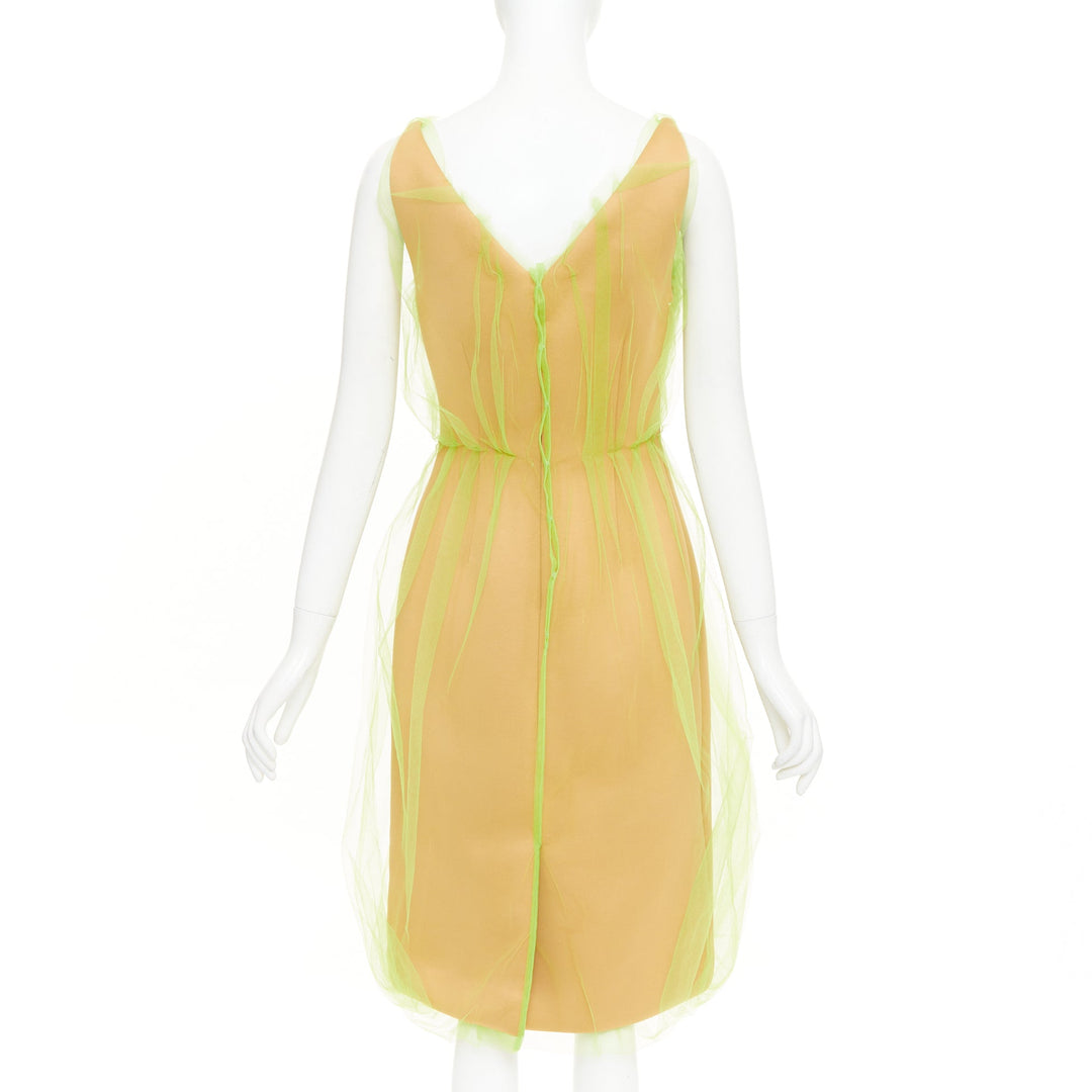 PRADA 2018 Runway neon green Technical Tulle Overlay V-Neck Bubble Dress IT42 M