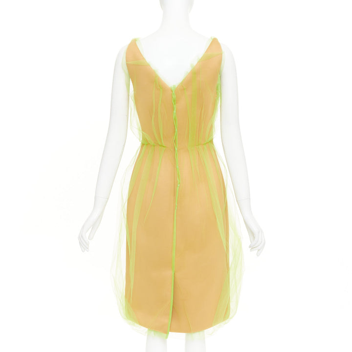 PRADA 2018 Runway neon green Technical Tulle Overlay V-Neck Bubble Dress IT42 M