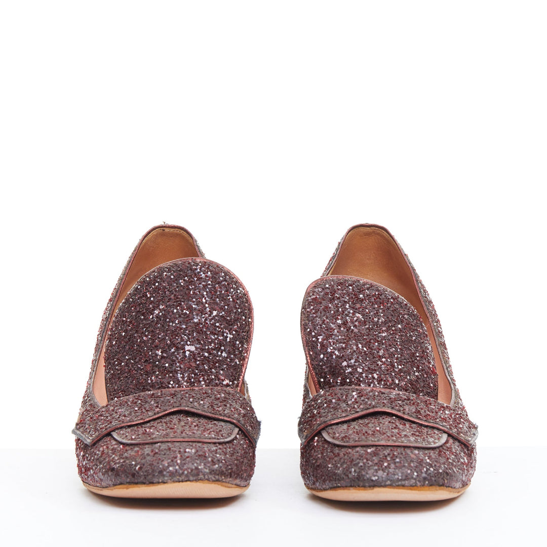 ROCHAS burgundy glitter brown scaled leather sculpted heel loafers EU36