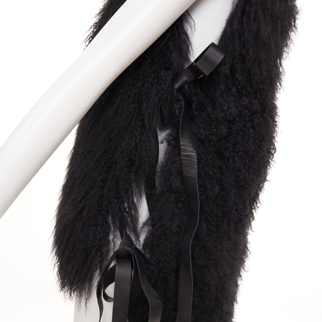 GIVENCHY black Mongolia shearling fur leather ribbon high low vest coat IT36 XXS