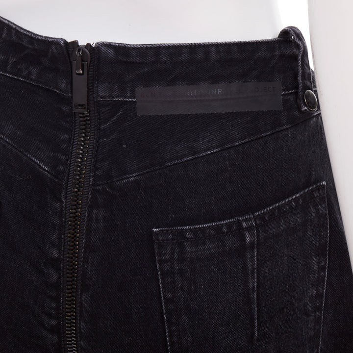 UNRAVEL PROJECT dark blue cotton zip around distressed mini shorts 25"