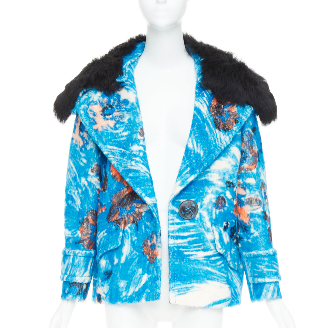 PRADA 2017 Runway blue alpaca wool abstract floral fur collar pea coat IT36 XS