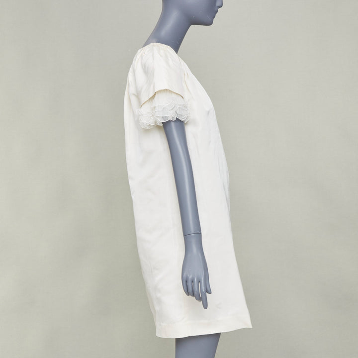 GIAMBATTISTA VALLI Bridal ruffle trim layered sleeve ivory shift dress IT40 XXS
