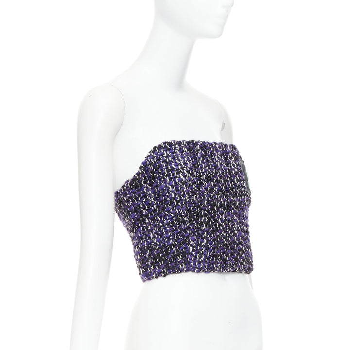 PRADA 2018 Runway purple wool tweed rubber badge strapless bustier tube IT40 S