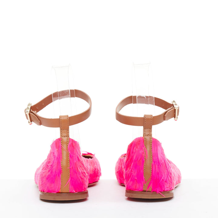 VALENTINO hot fuchsia pink turkey feather leather ankle strap flats EU37