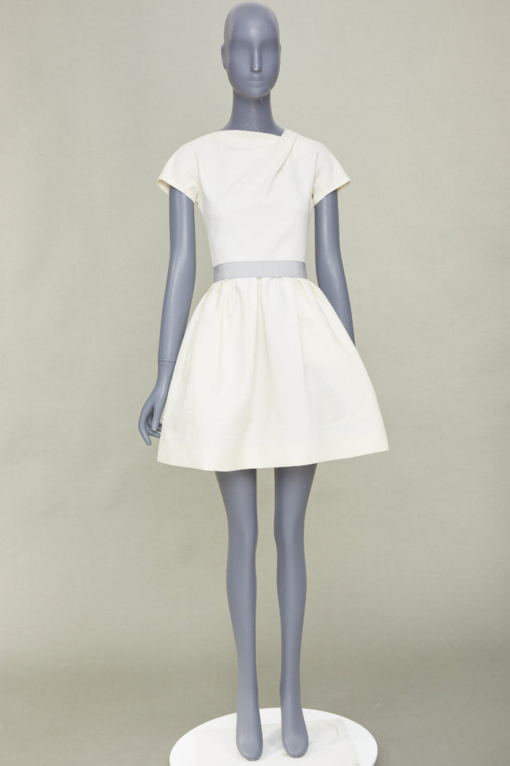 VICTORIA BECKHAM 2010 N91 cream origami fold grey belted cotton dress UK6 XS