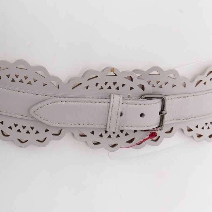ALAIA light grey leather laser cut details silver buckle scallop belt 65cm