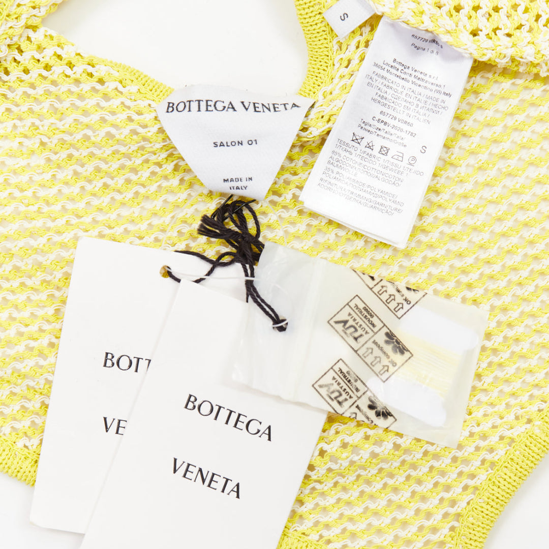 BOTTEGA VENETA 2021 Fishnet Body yellow white knitted halter leotard top S