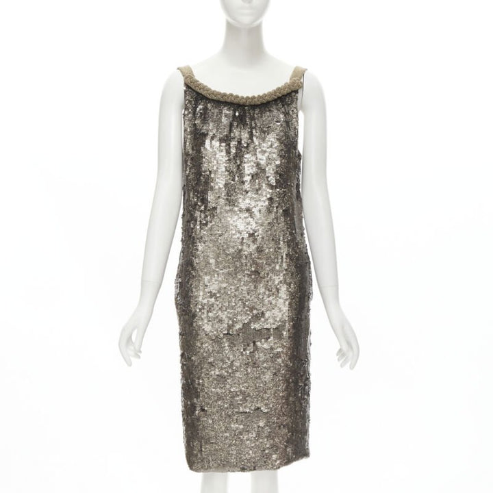 DRIES VAN NOTEN Vintage silver beaded braid neckline silver sequins dress FR40 M