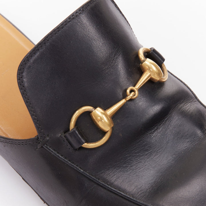 GUCCI Princetown black smooth leather gold horsebit mule loafers UK8 EU42
