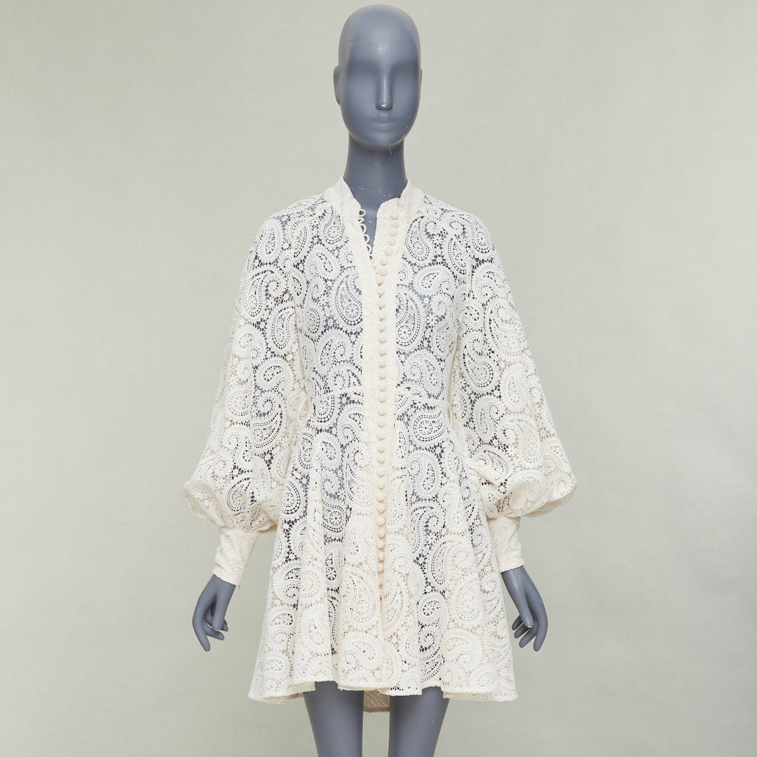ZIMMERMANN Amari cream paisley floral lace cotton lined peasant dress Sz1 S
