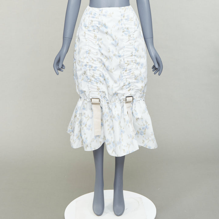 SIMONE ROCHA white blue floral print ruched web trim midi skirt UK4 XXS