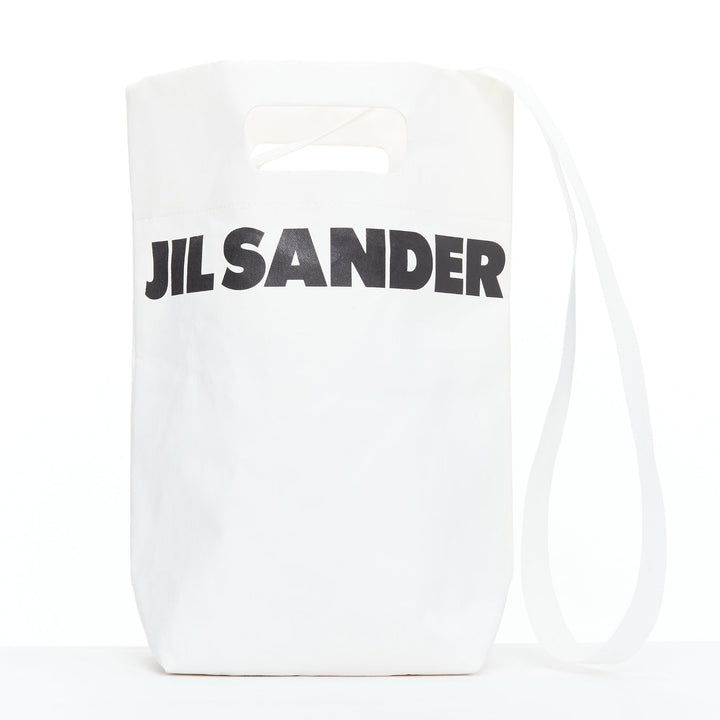 JIL SANDER cream black laminated paper logo crossbody tote bag