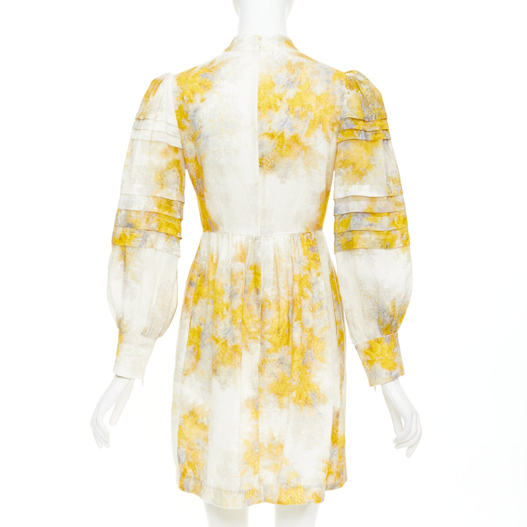 ZIMMERMANN 2021 Botanica yellow grey linen Wattle floral puff sleeve dress Sz1 S