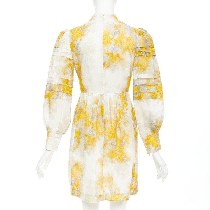 ZIMMERMANN 2021 Botanica yellow grey linen Wattle floral puff sleeve dress Sz1 S